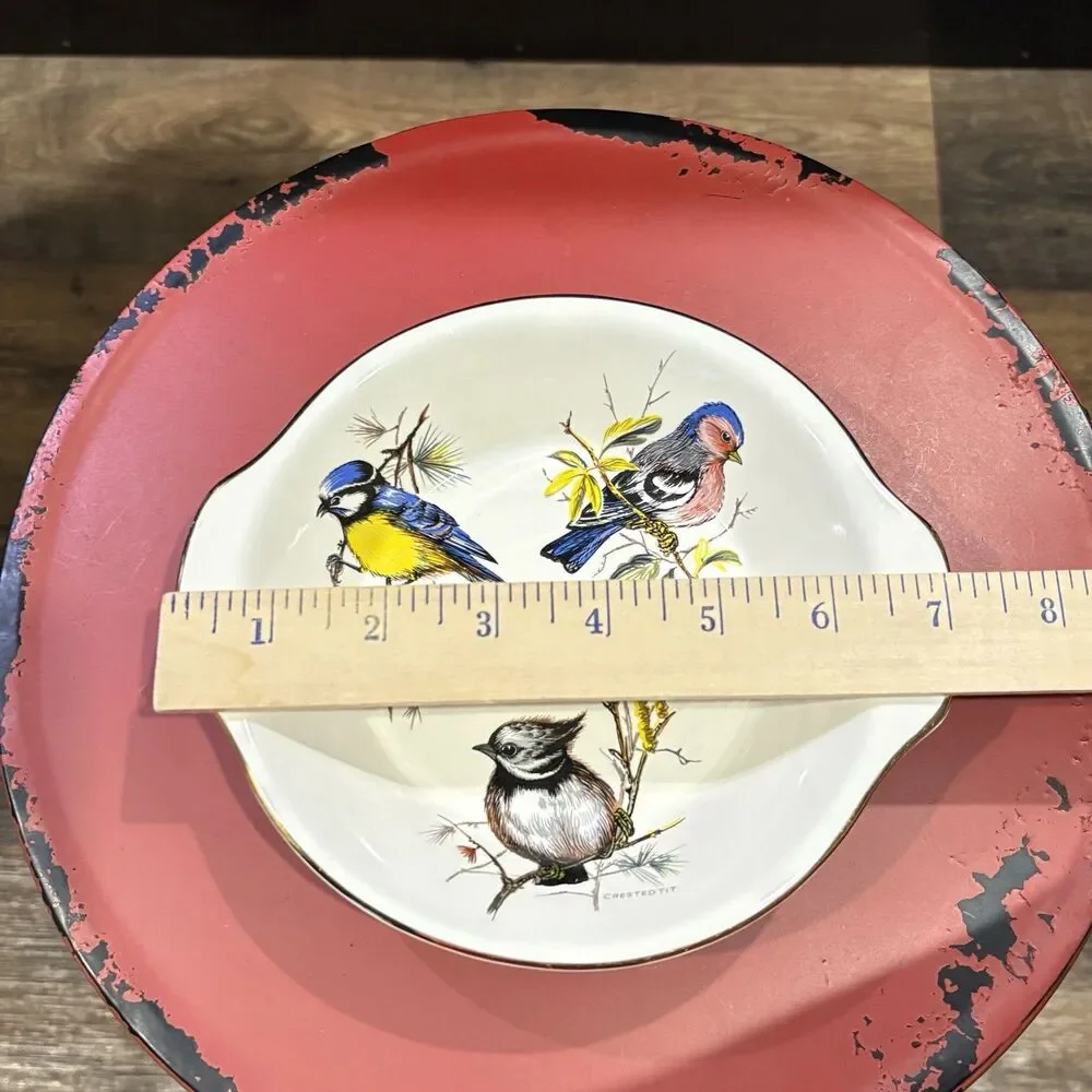 Porcelain Bird Serving Bowl Gold Trim Songbird Blue Tit Chaffinch Crested Tit